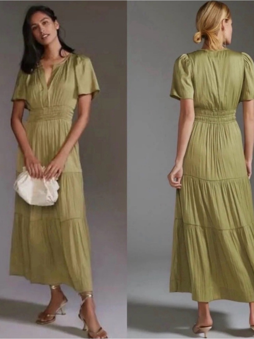 Anthropologie Olive Tiered V-Neck Maxi Dress